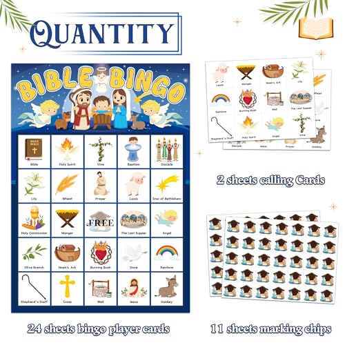 Bible Bingo Game Set for Kids - 24 Player Cards & Chips