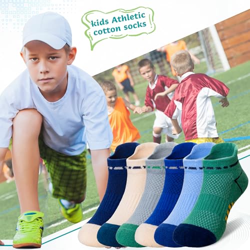Eyean Boys Athletic Ankle Socks 6 Pairs Kids Cotton Low Cut Sport Socks - Age 9-12, Blue/Grey/Beige
