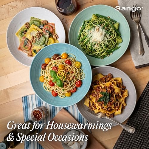 Sango Siterra Artist's Blend Pasta Bowl Set - Aqua Variation, 4 Pack, 9-inch Stoneware