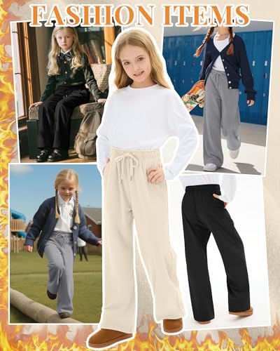 LessonZoo 3-Pack Girls Fleece Sweatpants - Large Apricot, Gray, Black