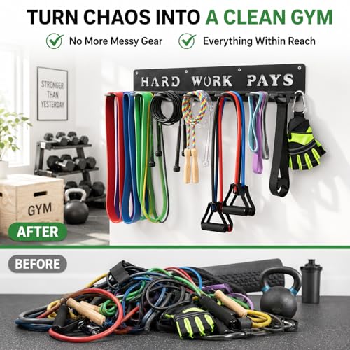 Home Gym Wall Storage Rack with 8 Hooks for Barbells & Resistance Bands - Hard Work Pays