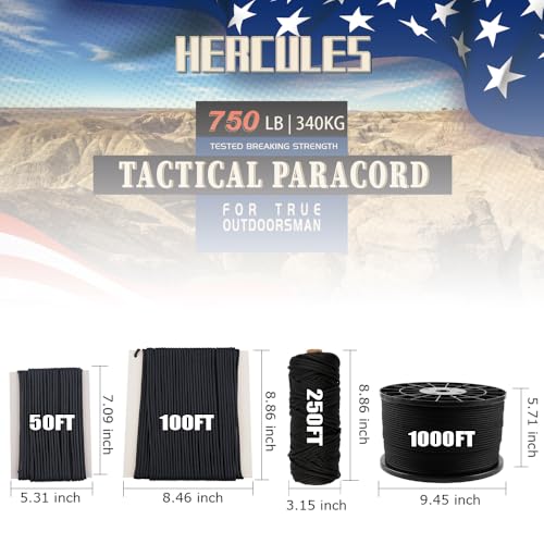 750lb Paracord 4mm 11-Strand Tactical Utility Rope for Camping - 50FT Black