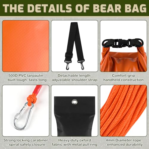 NVAAV Orange 10L Bear Food Bag Hanging Kit – Waterproof 500D PVC, Includes Rope, Carabiners & Bell