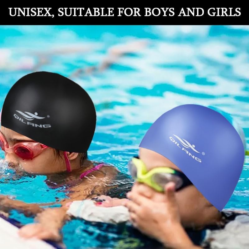 Kids Silicone Swim Caps - Waterproof 2 Pack, Blue & Black