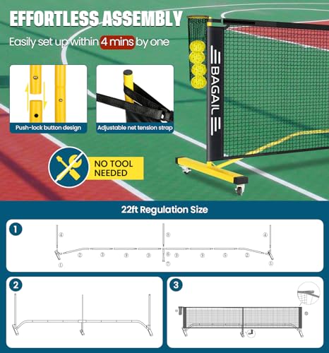 Portable Pickleball Net Set - 22FT/11FT with Ball Collector & Wheels - Yellow + Black