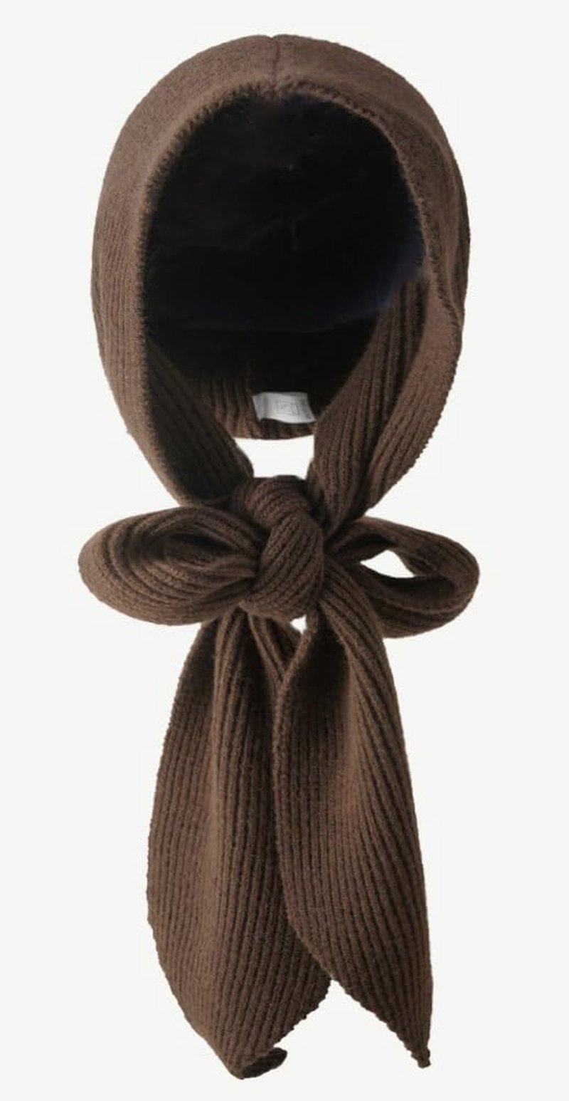 Women Winter Knitted Hooded Scarf Pure Color Long Scarf Cap Warm Head Scarves Pullover Wrap Hat Beanie Hat Coffee