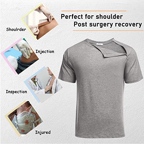 Deyeek Unisex Chemo Port Shirt - Post Shoulder Surgery Recovery Top, Large Grey