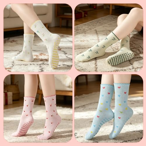 Cute Non-Slip Ruffle Pilates Grippy Socks for Women - Blue, Pink, White, Beige