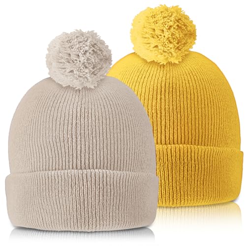 2-Pack Knit Pom Beanie Hat - Winter Cuff Cap for Men & Women - Beige/Ginger