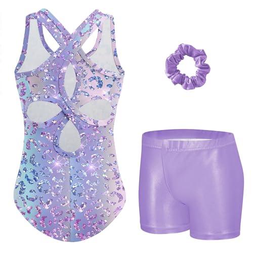 Girls' Sparkly Hollow Back Gymnastics Leotard with Shorts - Ages 3-11