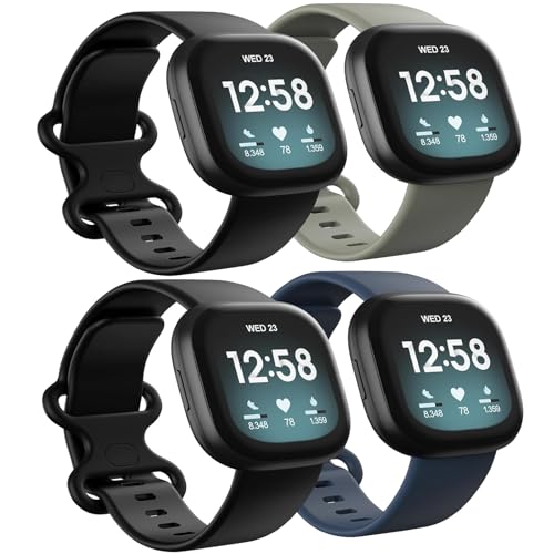 4 Pack Waterproof Fitbit Versa 3/4 & Sense 2 Watch Bands - Large Black, Grey & Navy