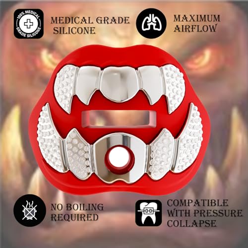 LeCool Football Mouth Guard with Connected Strap - 3D Chrome Beast Design, Red-Silver / With Diamonds