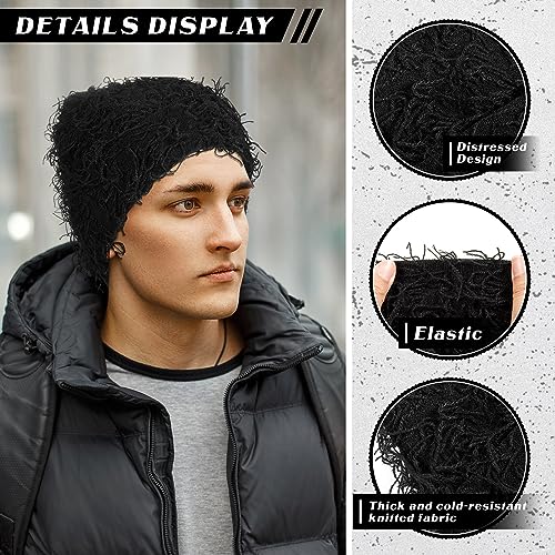 Distressed Knitted Beanie - Thick Warm Fuzzy Winter Hat - Black