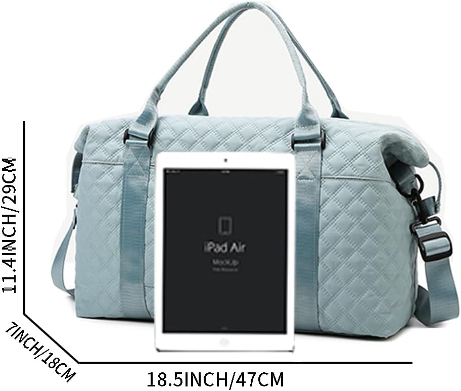 Skiennix Quilted Travel Bag - Stylish Overnight Gym Tote | Blue Weekend Duffel for Women