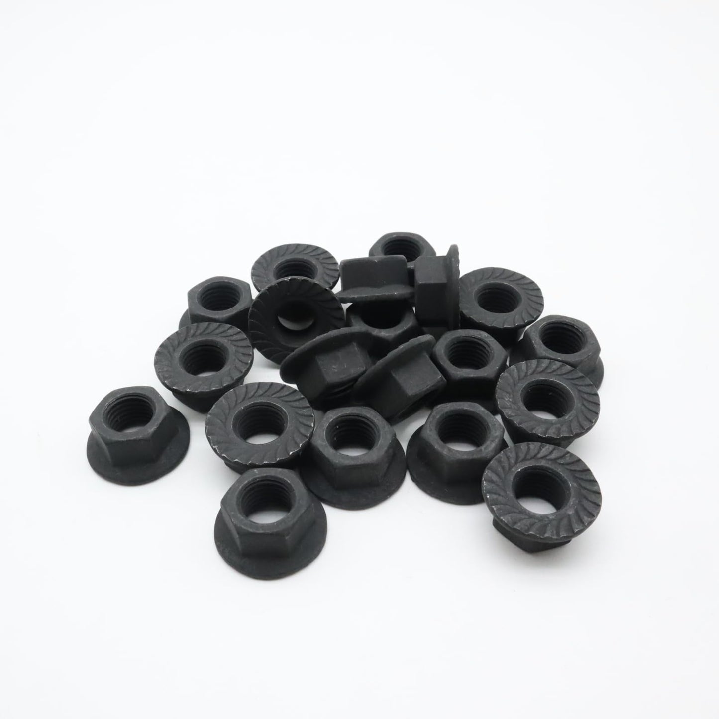 QYIMLI 20Pcs M10 x 1.25mm Flange Nut, Carbon Steel Thread Hardware Nuts Serrated Flange Lock Nuts Metric Hex Flange Nuts Bright Finish (Black)