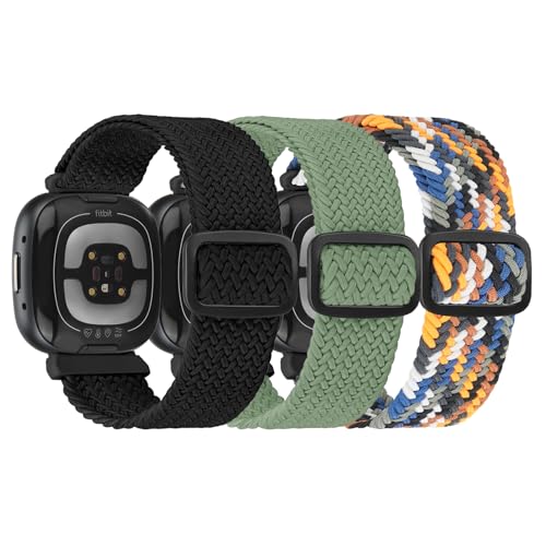 Braided Stretchy Solo Loop Bands for Fitbit Versa 3/4 - Black, Camouflage, Pine Green (3 Pack)