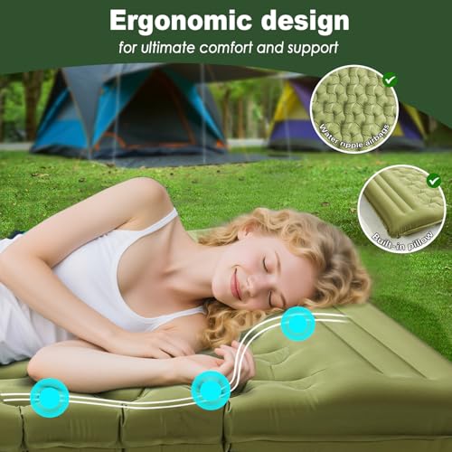 Double Camping Pad 5" Ultra-Thick with Pillow & Built-in Foot Pump