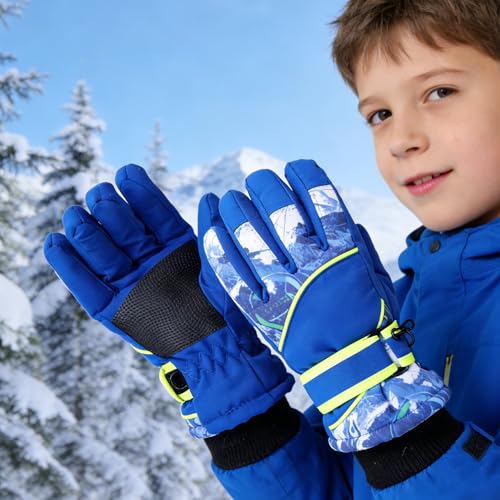 Kids Waterproof Winter Ski Gloves - Warm Plush Lined - Blue, Ages 4-7