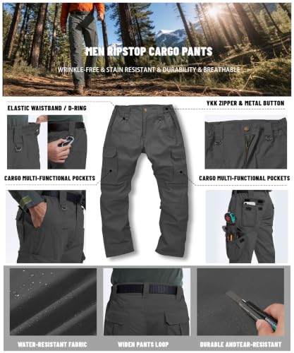 Men's Tactical Cargo Pants Water-Resistant Ripstop 40W x 30L Dark Grey Lightweight Outdoor Work Pants