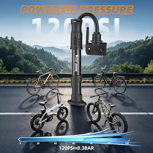 West Biking Mini Bicycle Pump - Aluminum Alloy, 120 PSI, 3-Valve, Black