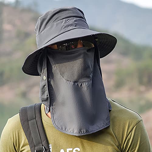 Wide Brim Sun Hat for Men Women - UV Protection with Face Cover & Neck Flap - One Size Dark Grey