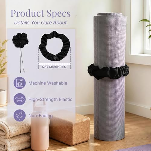 Adjustable Yoga Mat Scrunchie - Black Elastic Mat Strap & Hair Tie