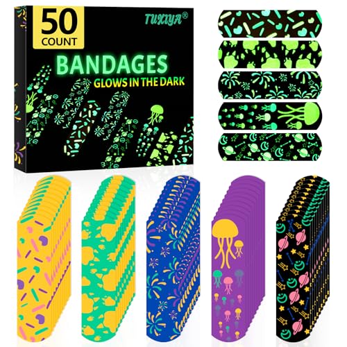 Kids Glow-in-the-Dark Waterproof Bandages - 50 Count Assorted Patterns