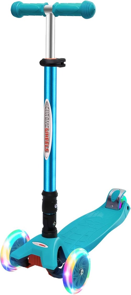 ChromeWheels Foldable Scooter - Deluxe Kick Scooter with Adjustable Height & LED Light-Up Wheels | For Kids Ages 3-12, 132lbs Limit