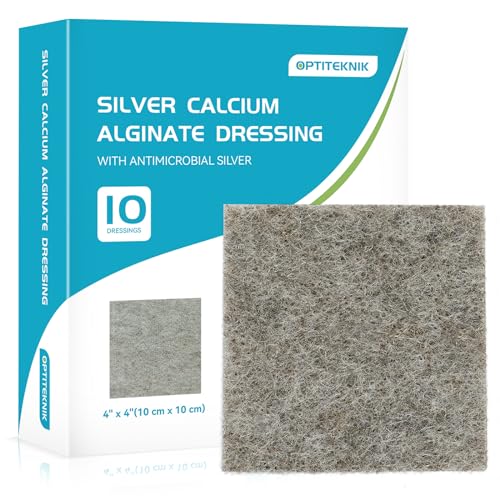 OPTITEKNIK Silver Calcium Alginate Wound Dressing Pads 4x4 Inch Pack of 10 - Absorbent, Non-Stick, Pain-Free Removal