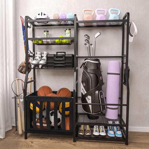 Heavy Duty Sports Equipment Organizer with Storage Bins & Hooks