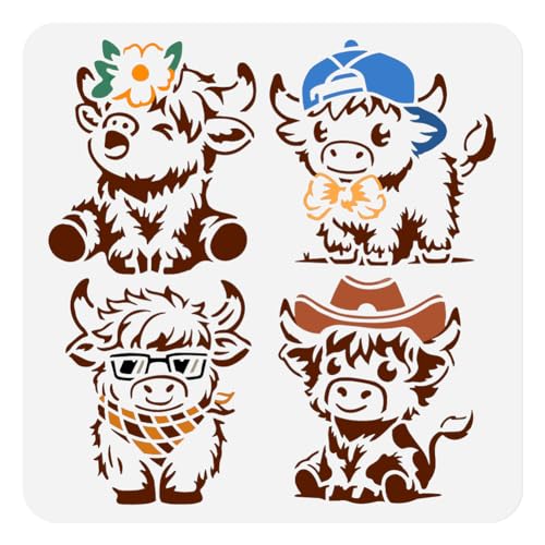 4 Styles Cartoon Highland Cow Stencil for Painting, 11.8"x11.8" Reusable Cute Animal Stencil Drawing Template, DIY Craft Paint Template for Wall Home Decor Wood Burning Card Farmhouse Fabric