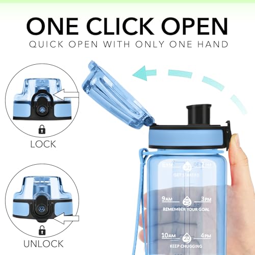 Alwager 32oz Water Bottle with Time Marker, Clear with Strap – BPA-Free Leak-Proof