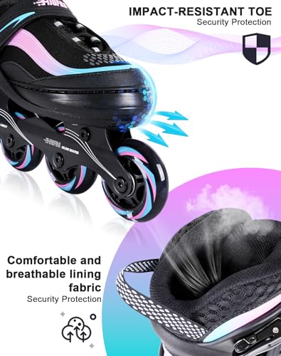 JIFAR Adjustable Inline Skates with Light-Up Wheels, Pink/Blue, Small (US 12J-2) for Ages 3-8