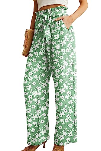 IWOLLENCE X-Large Green White Flower High Waist Palazzo Pants with Pockets, Wide Leg Beach & Lounge Trousers