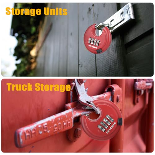 DELSWIN Outdoor Combination Padlock - 4 Digit Heavy Duty Disc Lock with Hardened Shackle,Combo Padlock for Gate,Storage Unit,Fence(25/64" Shackle, Red,2Pcs)