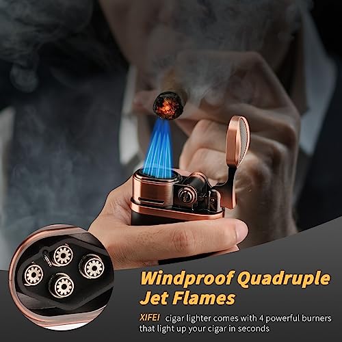 XIFEI Cigar Lighter 4 Jet Flame Torch with Holder, Windproof Rocker