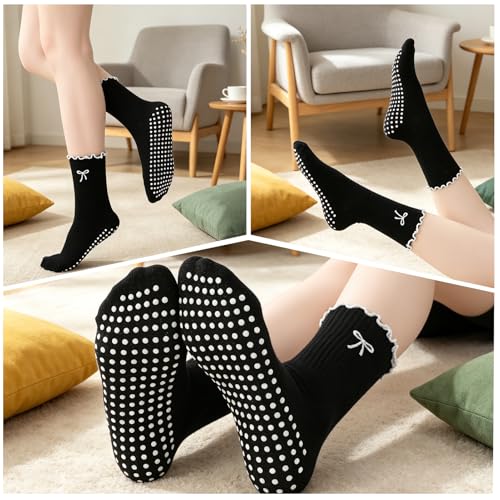 Non-Slip Pilates Socks for Women - 3 Pairs, Black