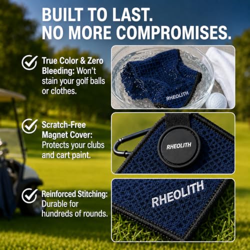 RHEOLITH Magnetic Golf Towel 18x18 Navy Blue Microfiber with N52 Magnet