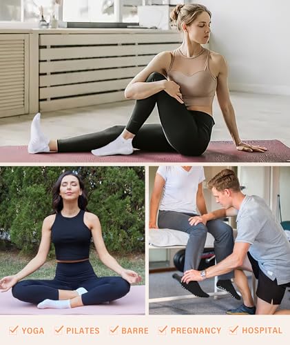 Non-Slip Pilates Socks for Women - 3 Pairs with Grips (Grey, White, Pink)