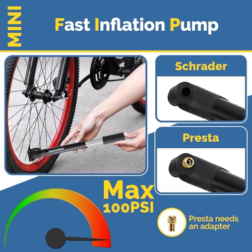 Mini Bike Pump 100 PSI with Flexible Hose for Presta & Schrader Valves