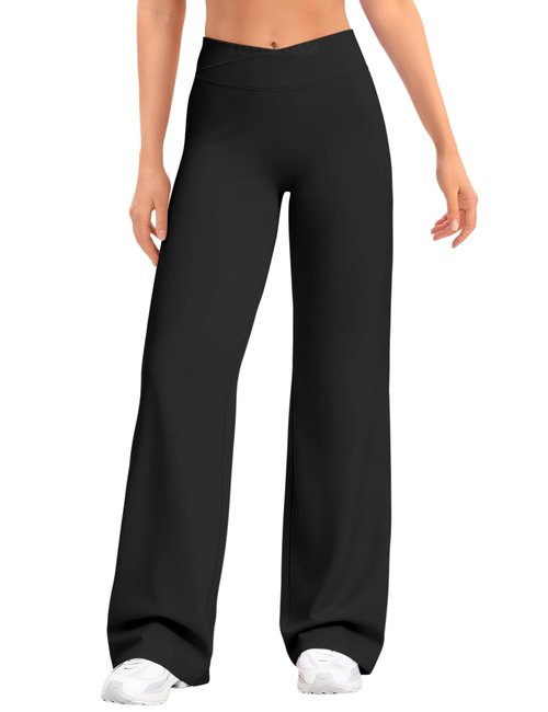 Ieumaz Straight Leggings for Women V Crossover High Waisted Wide Leg Yoga Pants Stretch Casual Gym Workout Yoga Pants Black