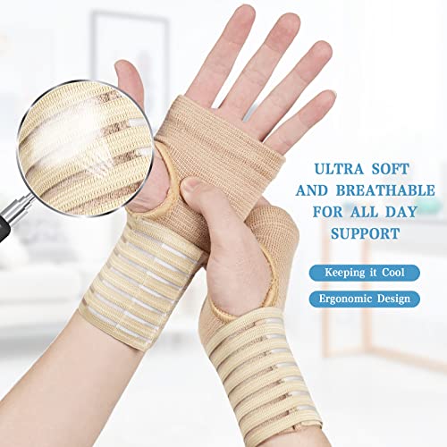 Wrist Brace Support - 2 Pack Adjustable Compression Wrap, Cream
