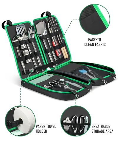 FANGSUN 16Pcs Green Camping Cooking Utensil Set Portable Kitchen Tools
