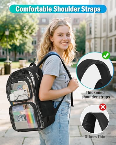 Large Black Clear Backpack for School & Travel with Thickened Shoulder Straps