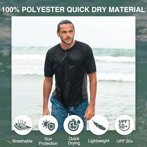 Men's Swim Shirt - UPF 50+ Short Sleeve Rash Guard - Small Black/Charcoal