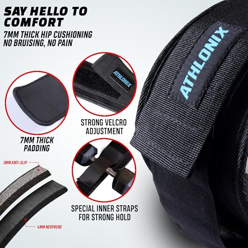 Hip Thrust Belt for Weights, Kettlebells, Plates & Dumbbell, 5 Inch Wide by 25 Inches Long, 4 Locking Straps, Non Slip 7MM Thick Padding, Adjustable Glute Bridge Weight Belt for Workout at Home or Gym
