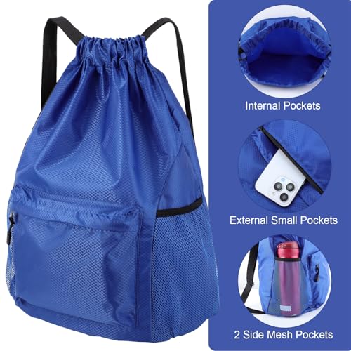 Drawstring Backpack Gym Bag - Waterproof, Large Capacity, Blue