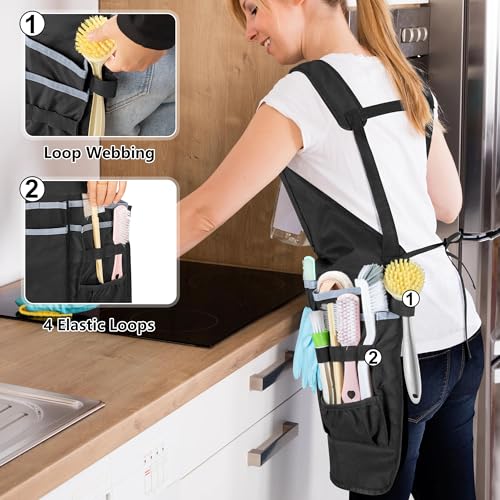 Professional Cleaning Apron for Housekeeping, Water-resistant Cleaning Apron with Multiple Pockets for Women and Men, Adjustable Waist Apron for Cleaning Work Tools, Black