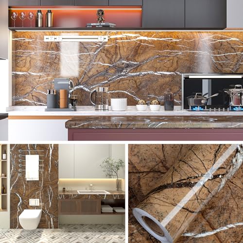 Vintage Brown Marble Contact Paper 88" X 16" Marble Wallpaper Self Adhesive Peel and Stick Waterproof Vinyl Wrap Film for Kitchen and Bath Countertops Cabinets and Backsplash DIY