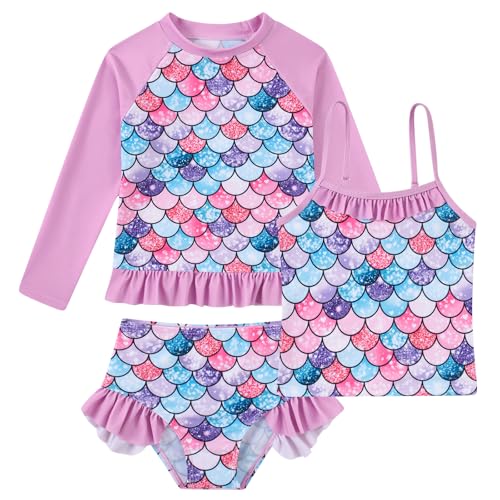 BFUSTYLE Girls 3-Piece Rash Guard Bathing Suit Set 3-8 Years Mermaid Pink (5-6 Years Variation)